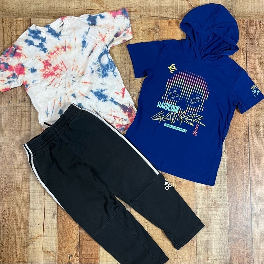 Adidas Gamer Tie Dye 10-12 Outfit Bundle Hooded Sweats Graphic Tees Gaming
